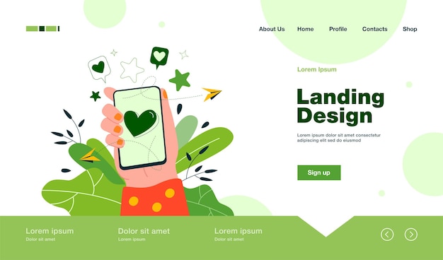 Female hand holding phone with heart on screen landing page in flat style