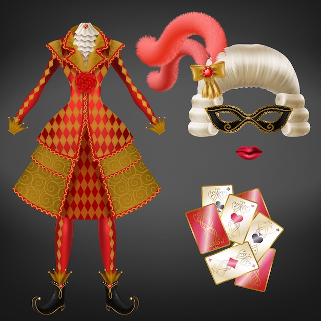 Free Vector female joker, harlequin suit, jester costume for carnival, costumed party realistic 