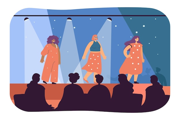 Female models participating in fashion show. Flat illustration