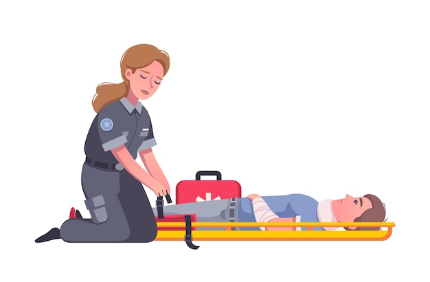 Female paramedic with first aid kit helping injured man after accident cartoon