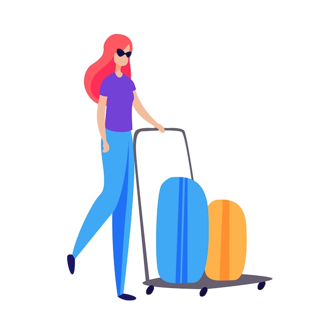 Free vector female passenger wheeling cart with suitcases