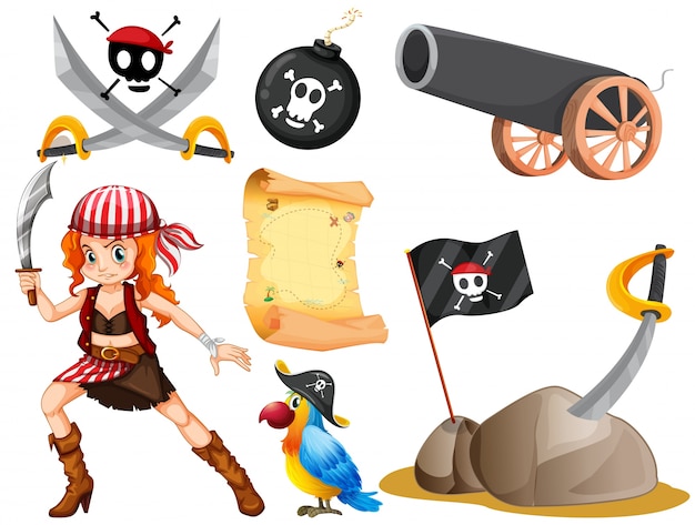 Female pirate and other symbols illustration