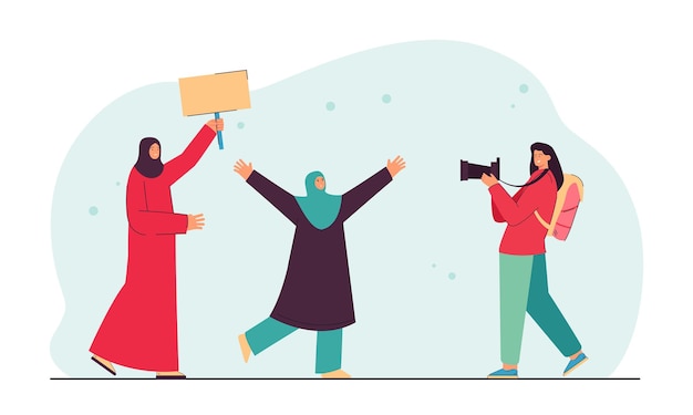 Free Vector female tourist taking picture of muslim women with placard. young woman learning different culture flat vector illustration. multicultural society concept for banner, website design, landing web page