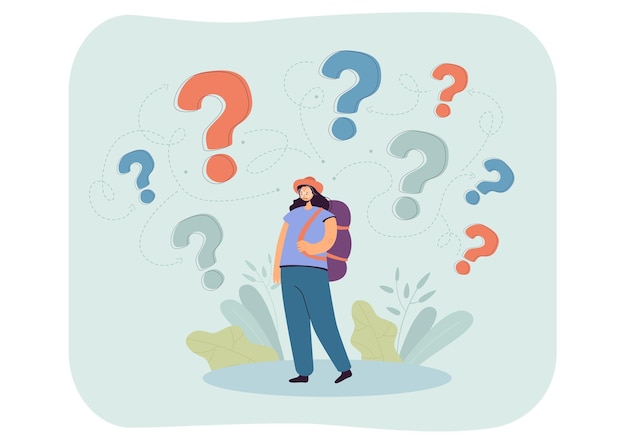 Female tourist with question marks above head. Girl with backpack thinking, wondering, making decision flat vector illustration. Travel, trip concept for banner, website design or landing web page