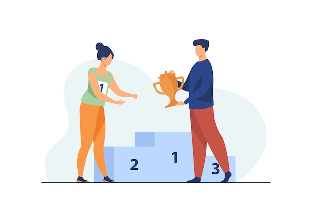 Female winner getting first prize. Man giving golden cup to woman at podium flat vector illustration. Winning, leadership, achievement concept