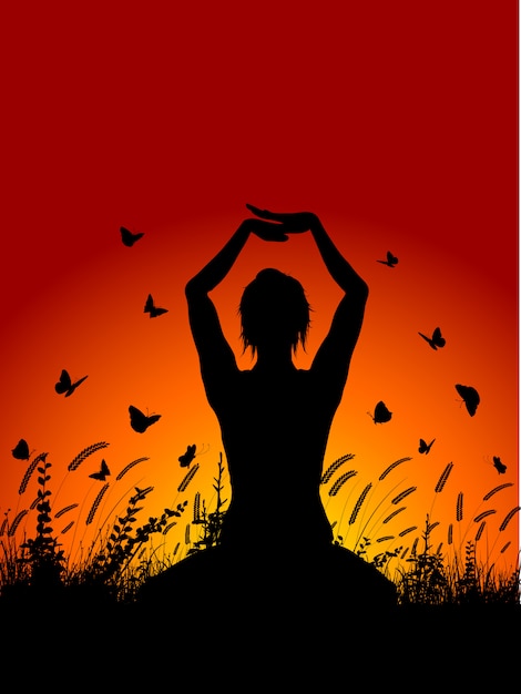 Free vector female in yoga pose against sunset sky