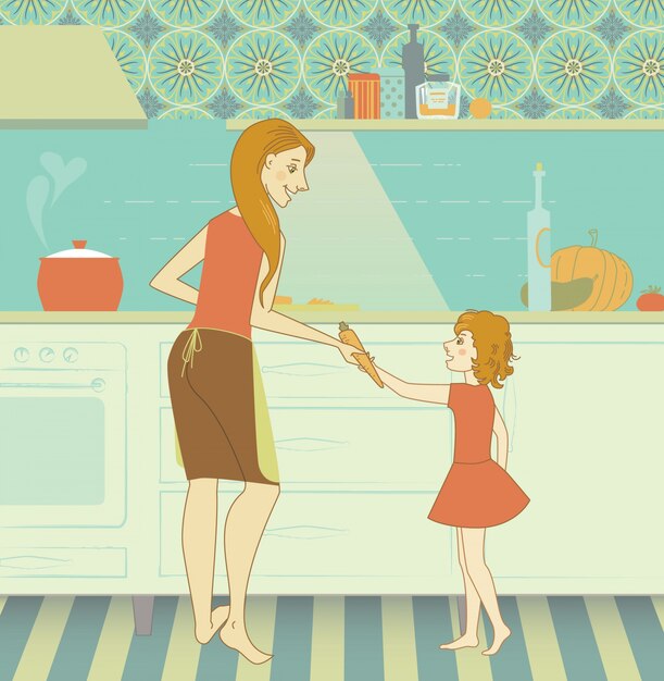 female,  young,  cooking,  family,  kitchen,  mother,  daughter,  food,  fun,  love,  girl,  person,  woman,  child,  kid,  smile,  happiness,  cheerful,  cook,  apron,  motherhood,  mum,  colorful,  beautiful,  cute,  happy,  home,  adult,  meal,  dress,  dinner,  vegetable,  childhood,  learning,  together,  clip-art,  pot,  chef,  household  