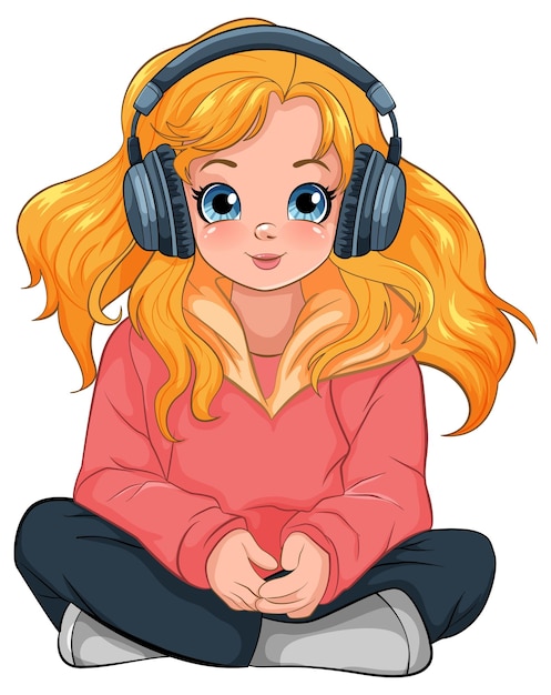 Free Vector female youth wearing headset listening to music and sitting on t