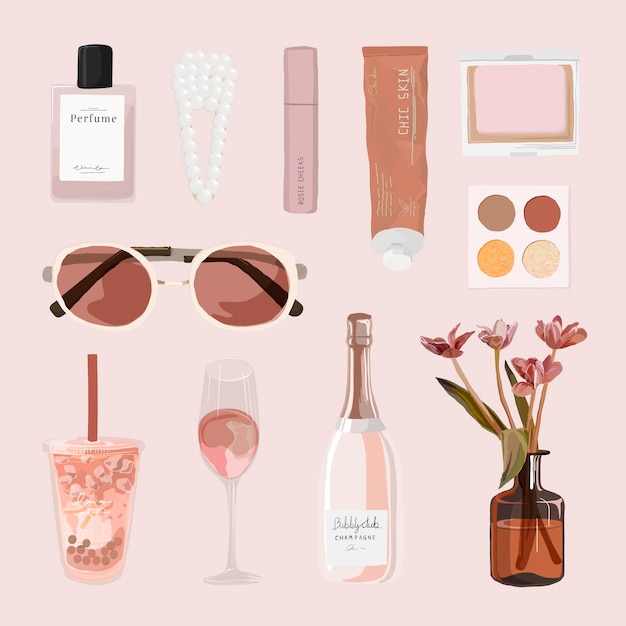 Free Vector feminine aesthetic sticker, pink essentials illustration vector set