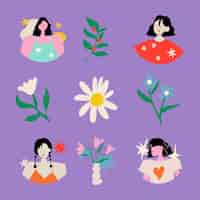 Free vector feminine doodle sticker, colorful retro illustration vector collection