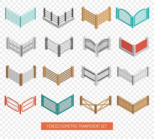 Free Vector fences types icons isometric transparent set