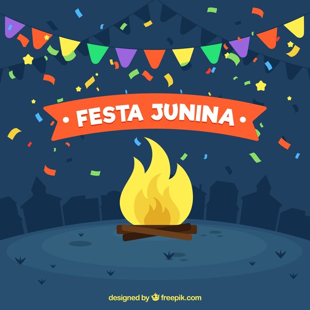 Festa junina background with campfire and confetti