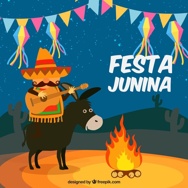 Festa junina background with donkey and man playing a guitar