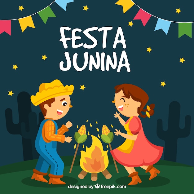 Festa junina background with happy people at the campfire