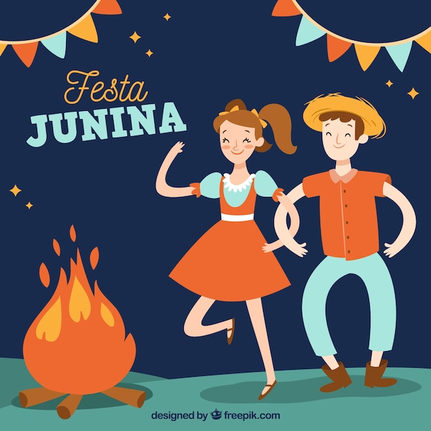 Festa junina background with people dancing around a campfire