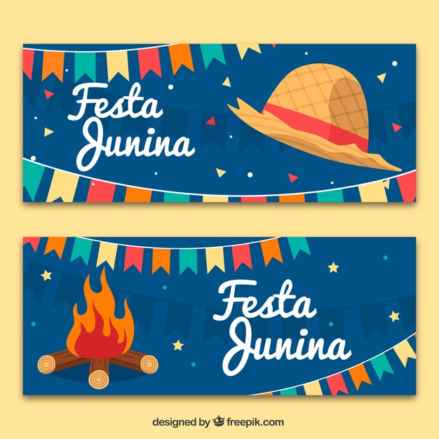 Festa junina banners with hat and bonfire