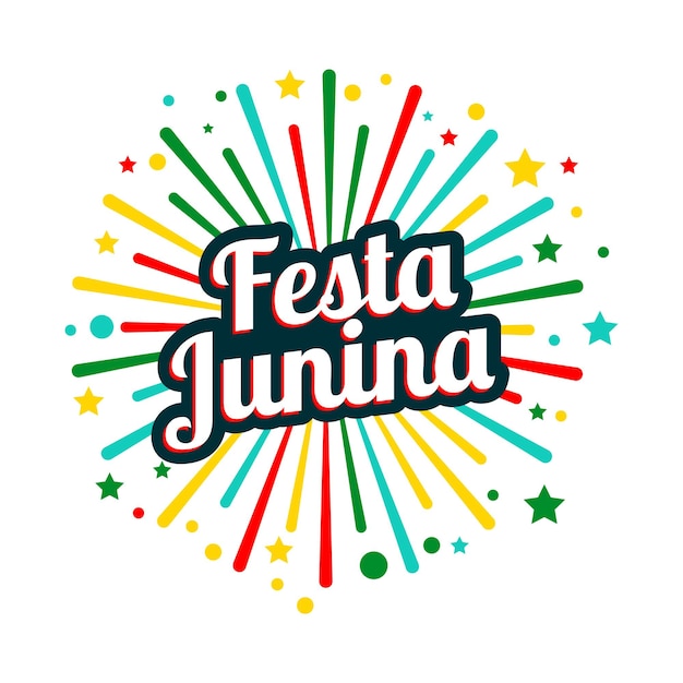 Festa junina carnival poster with colorful bursting lines and stars