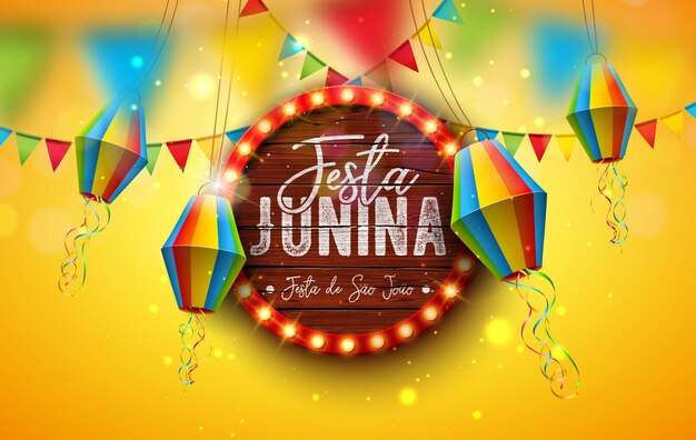 Festa Junina Illustration with Paper Lantern and Light Bulb Billboard Letter with Wood Background