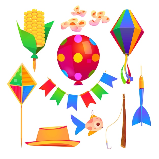 Festa Junina party cartoon elements hat, kite, flags garland and fishing rod with hook and fish, balloon, paper lantern and darts with corn on stick, flowers