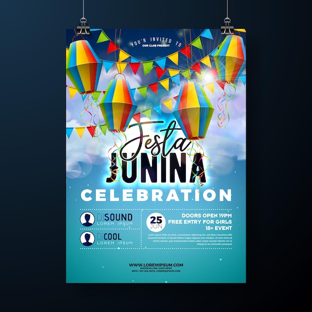 Festa Junina Party Flyer Illustration with Paper Lantern and Flag on Blue Cloudy Sky Background