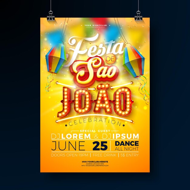 Festa Junina Party Flyer Illustration with Paper Lantern and Retro Light Bulb Billboard Lettering