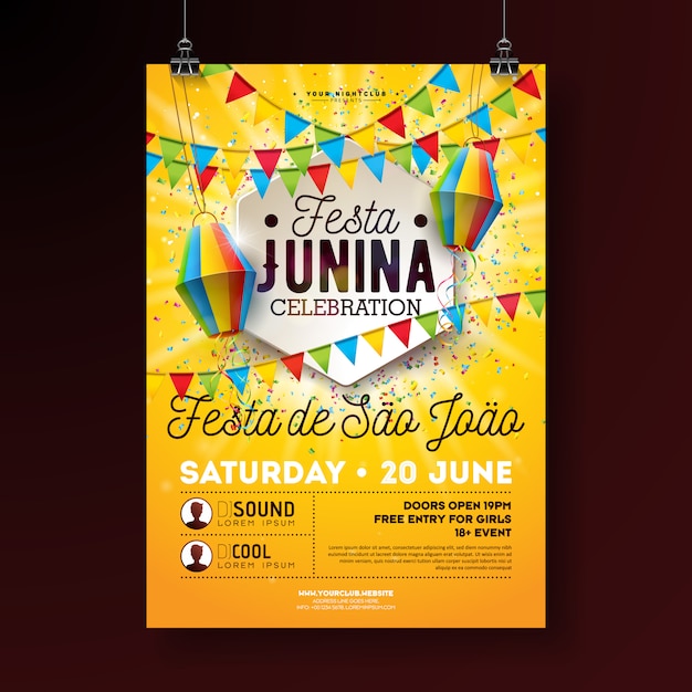 Festa Junina Party Flyer Illustration with Typography Design. Flags, Paper Lantern and Confetti on Yellow Background.  Brazil June Festival Design for Invitation or Holiday Celebration Poster.