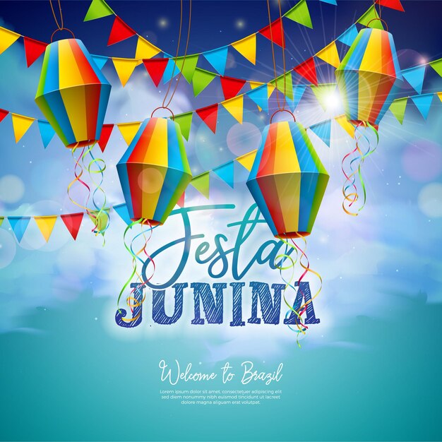 Festa Junina Sao Joao Illustration with Party Flags and Paper Lantern on Blue Cloudy Sky Background