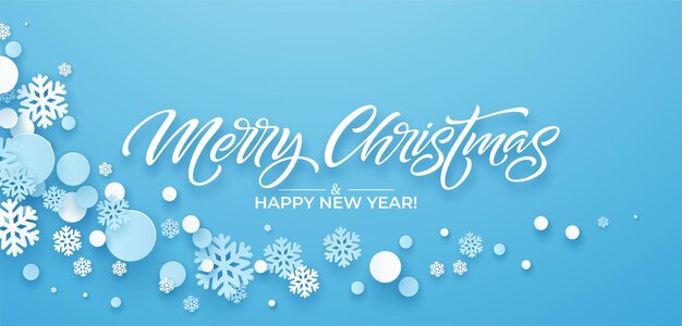 Festive blue Christmas background with paper snowflakes. Christmas Papercut background design for postcard, banner, flyer. Vector illustration EPS10