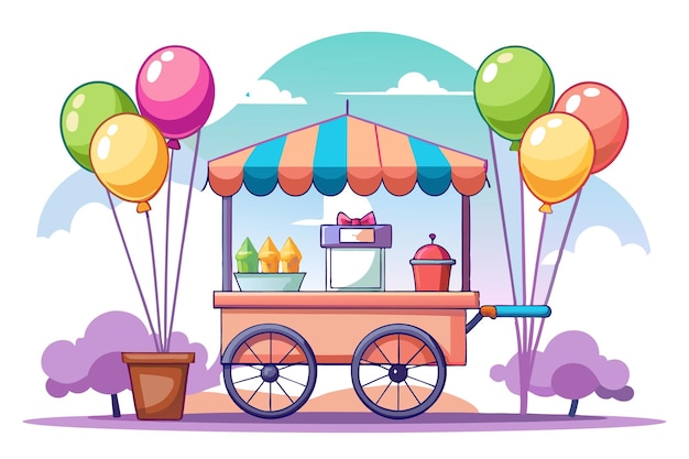 A festive food cart with balloons a gift box and a pot