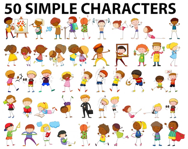 Free vector fifty simple characters doing different activities illustration