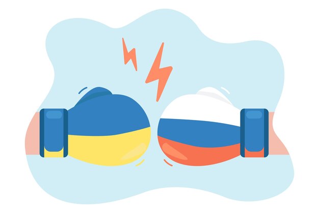 Fight against boxing gloves with flags of Ukraine and Russia. Conflict between two countries flat vector illustration. War, violence concept for banner, website design or landing web page