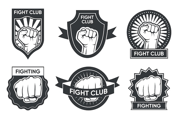 Free vector fight club logo set. vintage monochrome emblems with arm and clenched fist, medal and ribbon. vector illustration collection for boxing or kickboxing, martial arts club labels