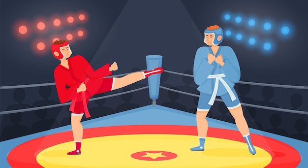 Free Vector fighters flat composition with indoor view of boxing ring with audience silhouettes lights and fighting kickboxers vector illustration