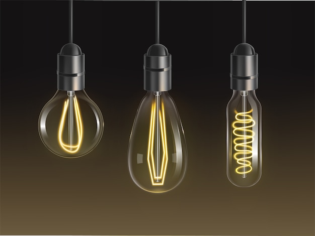 Free Vector filament bulbs set. retro edison lamps, incandescent vintage lightbulbs of different shapes and forms with heated wire hanging