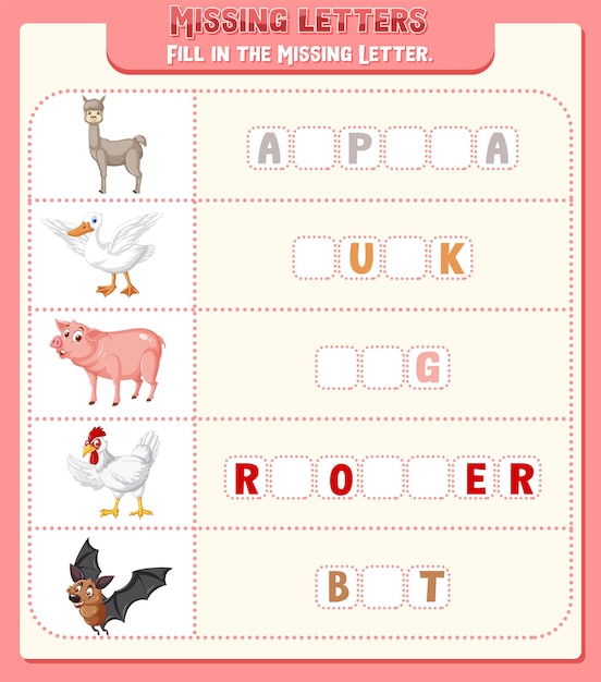 Fill the missing letter of each word worksheet for children