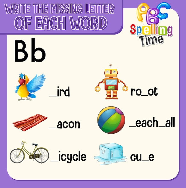 Fill the missing letter of each word worksheet for children