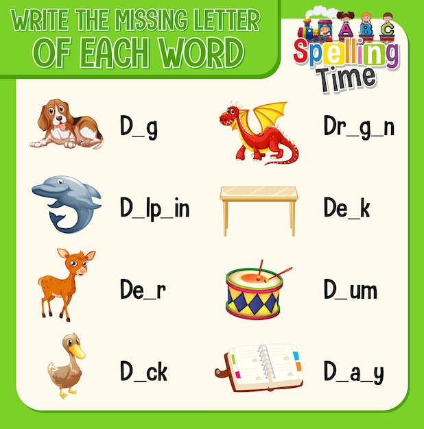 Fill the missing letter of each word worksheet for children