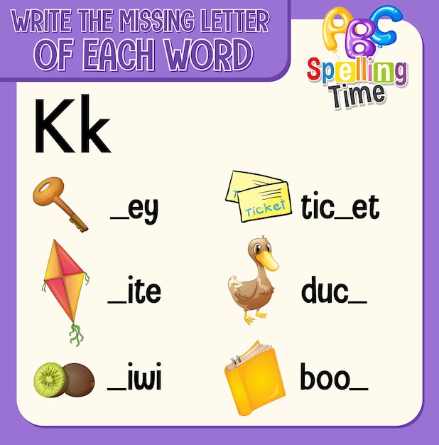 Free Vector fill the missing letter of each word worksheet for children