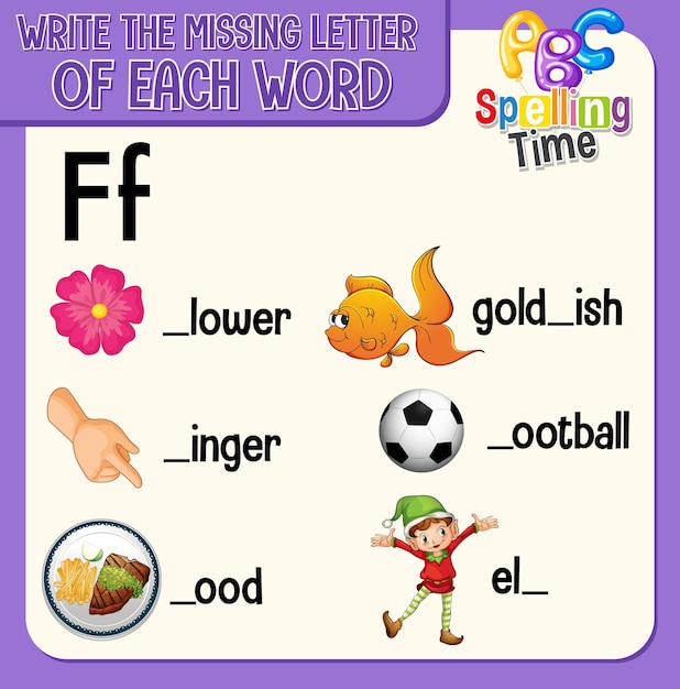 Fill the missing letter of each word worksheet for children