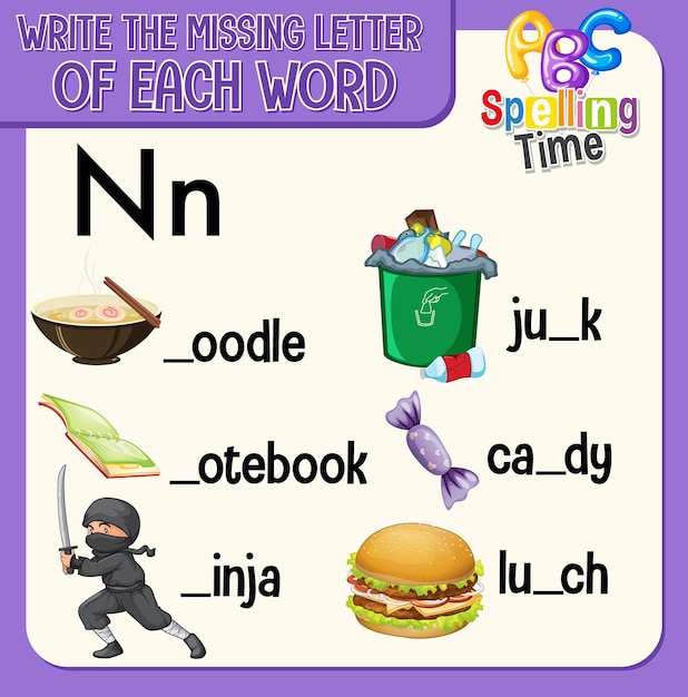 Free vector fill the missing letter of each word worksheet for children