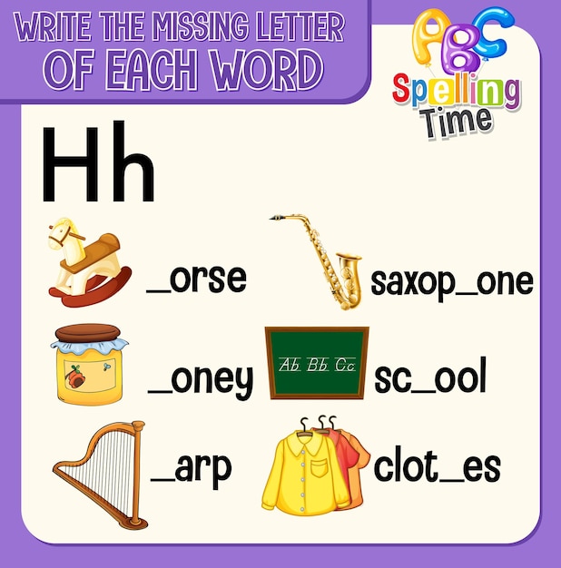 Free Vector fill the missing letter of each word worksheet for children