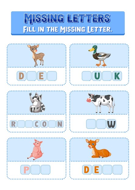 Fill the missing letter of each word worksheet for children