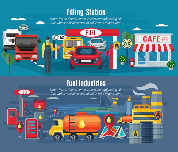 Free Vector filling station horizontal banners set with cars trucks and cafe 