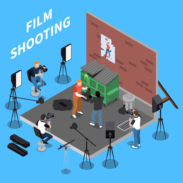 Film shooting isometric  with operators and actors engaged in street scene 