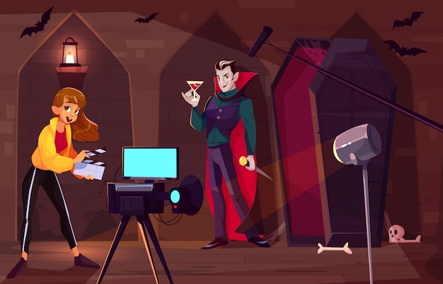 Free Vector filming movie or clip about count dracula cartoon  concept. 