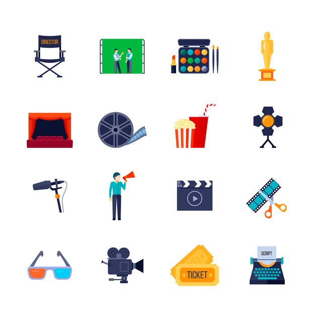 Filmmaking and movie watching attributes flat icons collection with camera film bobbin and 3d glasses isolated vector illustration 