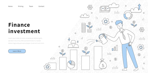 Free Vector finance investment doodle landing page money grow concept with investor water chart with money tree seedling gold bars and sack with dollars wealth rise income growth line art vector web banner