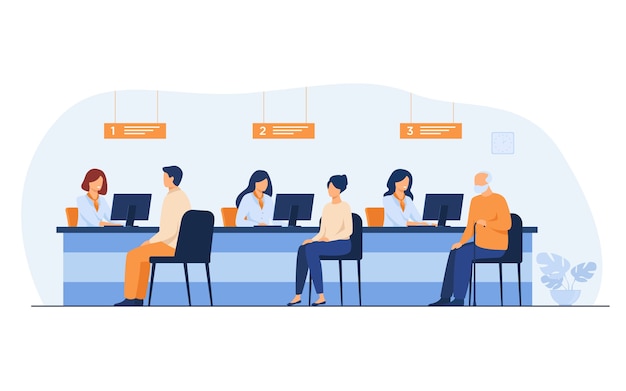 Finance managers working with clients isolated flat vector illustration. Cartoon people sitting in bank office for money exchange.