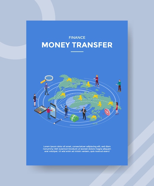 Finance money transfer people standing front smartphone map world around for template of banner and flyer