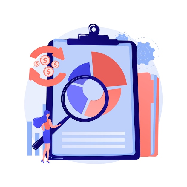 Free vector financial analysis. man cartoon character with magnifying glass analyzing circular diagram with colorful segments. assessment, audit, research.